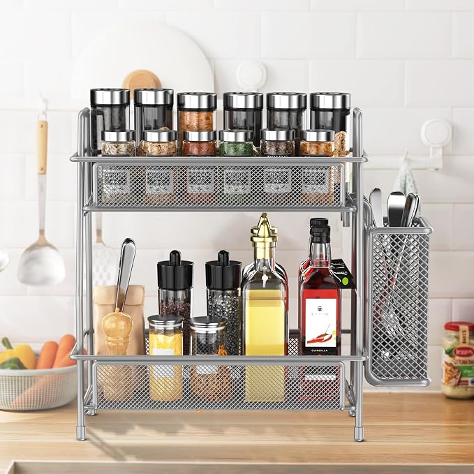 Spice Rack Organizer for Kitchen Counter, Spices Organizer and Storage Seasoning Organizer for Cabinet, Kitchen Metal Countertop Organizer with Side Basket (Grey)