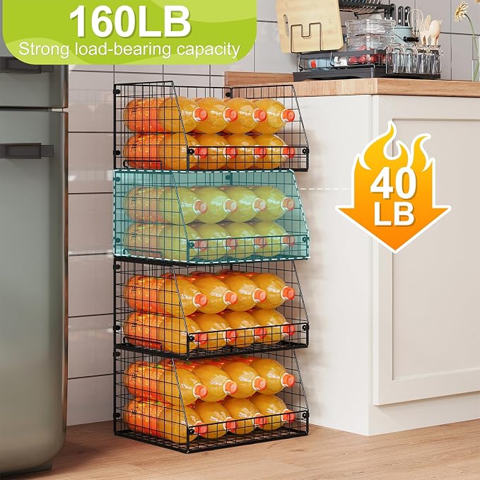 Jakyitvi 4 Pack XXL Stackable Wire Storage Basket, Extra Large Capacity Pantry Organizer and Storage, Muti-Purpose for Vegetable Fruit Basket & Can Organizer & Snack Rack & Metal Pantry Bin