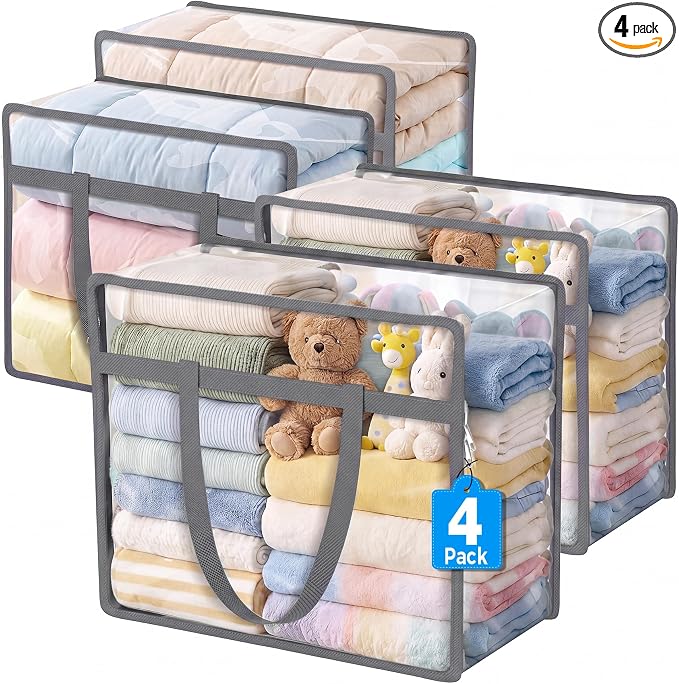 4 Pack Clear Storage Bags for Clothes, 40L Closet Organizers and Storage | Plastic storage with zipper and handle, moving bags, under-bed storage, closet organizer for blankets, comforters, toys