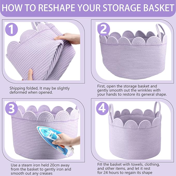 LemonRoad Lavendor Purple Round Basket Large Blanket Basket 16'' x 14" Scalloped Woven Baskets Cotton Storage Baskets for Nursery Classroom Closet Blankets Storage Home Decor