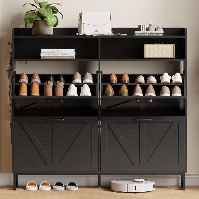 Shoe Cabinet with 4 Flip Drawers, Freestanding Hidden Shoe Storage Organizer for Entryway, Narrow Slim Shoe Rack Cabinet with Open Storage & Hooks for Front Door Entrance, Living Room, Hallway, Black