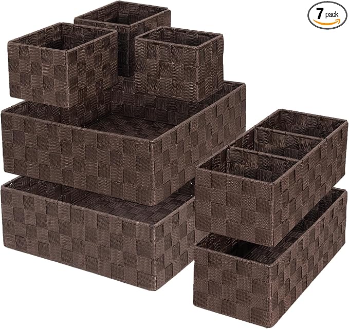 Drawer Organizer, Cube Baskets for Storage Shelves, Handmade Small Woven Basket, Shallow Storage Bins for Organizing Desk, Dresser, Kitchen, Pantry, Nested 7 Pack, Brown
