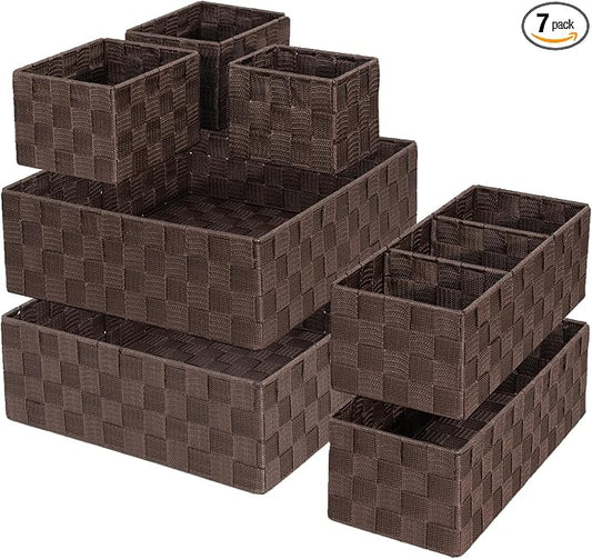 Drawer Organizer, Cube Baskets for Storage Shelves, Handmade Small Woven Basket, Shallow Storage Bins for Organizing Desk, Dresser, Kitchen, Pantry, Nested 7 Pack, Brown