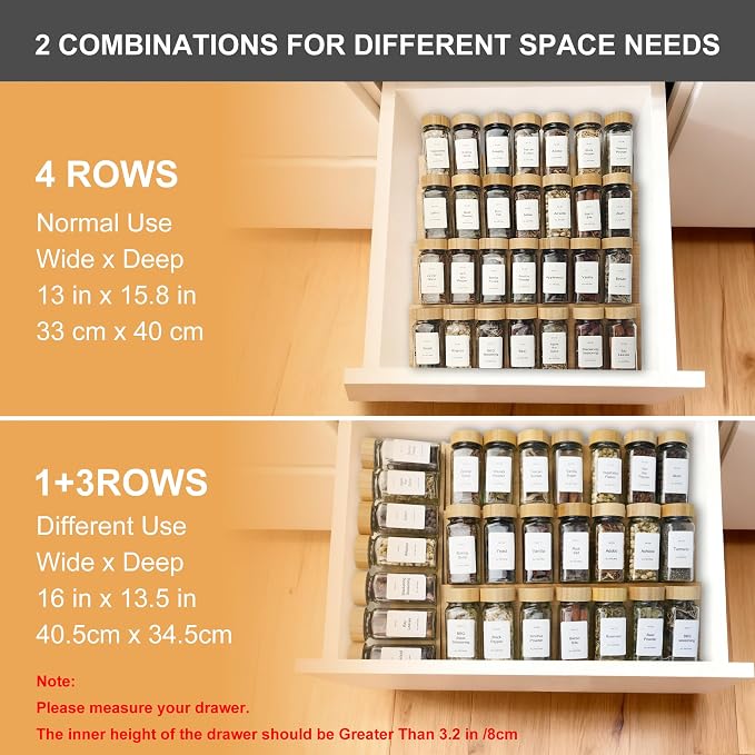 Spice Drawer Organizer with 28 Bamboo-lidded Spice Jars and 216 Labels,Non-slip Rubber, Bamboo 4 Tier Spice Racks Tray Seasoning Containers for Kitchen Drawers,Cabinets,13" Wide * 15.8" Deep