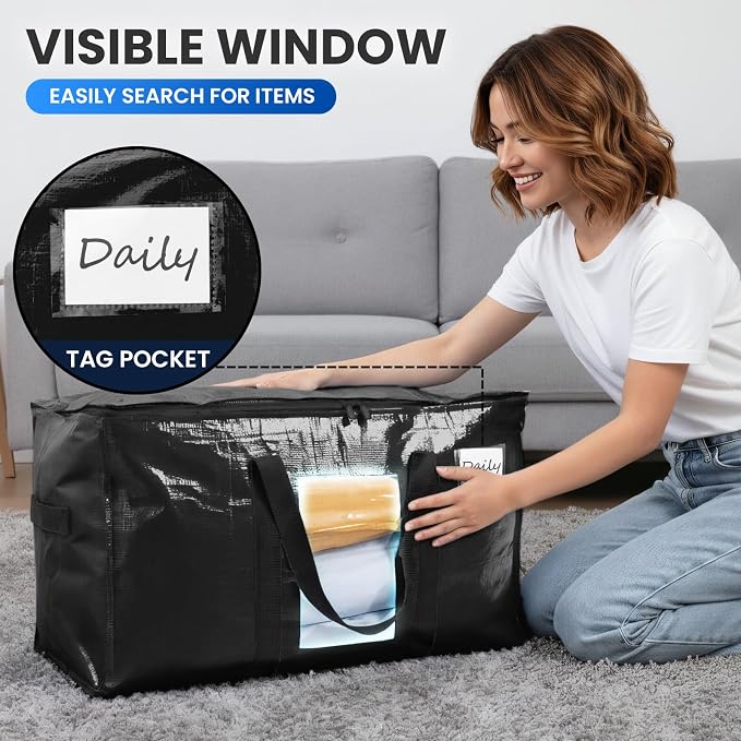 TAILI Extra Large Moving Bags, 12 Pack Black Heavy Duty Totes For Storage with Visible Window, Wrap Around Handles, Storage Bags for Space Saving, Alternative to Moving Boxes