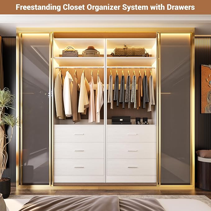Besiost Closet System Set of 2, 4FT Closet Systems with 6 Wood Drawers, 48" Closet Organizer System with 2 Hanging Rods & 2 Shelves, Heavy Duty 48 Inch Walk-in Closet , White (48"L x 15" W x 80" H)