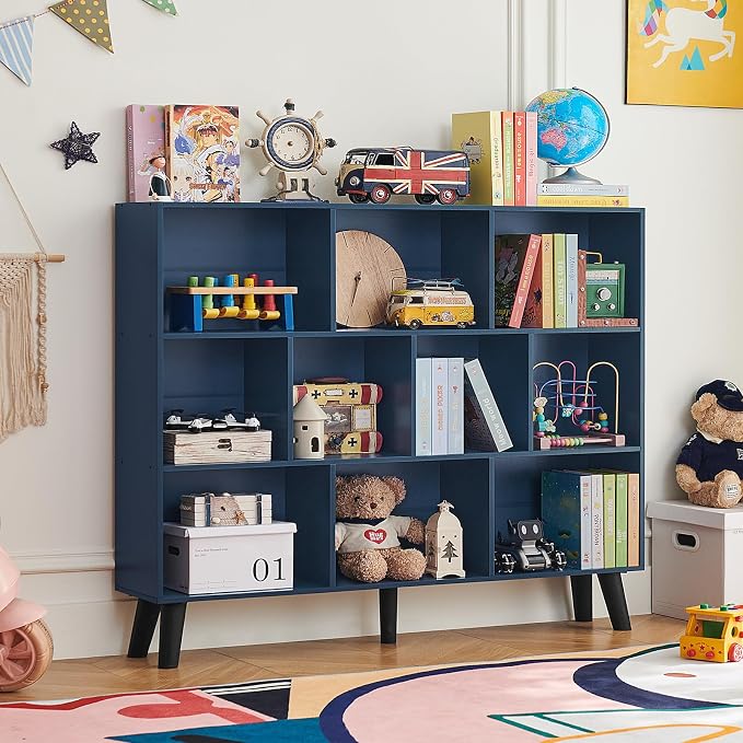 LEYAOYAO 10 Cube Bookshelf,Mid-Century Modern Bookcase with Legs,Dark Blue | 3 Tier Book Shelf, 55" Wide Rustic Wood Bookshelves Large Storage Organizer, Open Shelves for Bedroom, Living Room, Office
