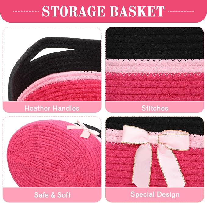 Colingmill 1 Set Woven Empty Basket for Gift,Black Hot Pink | with Cellophane Wrap Set, 14 x 10 x 5.5 Inch, Medium Decorative Gift Basket, Cotton Rope Storage Box, Home Decor