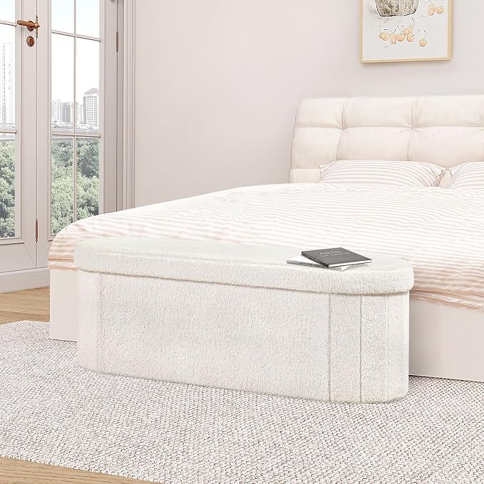 B FSOBEIIALEO Ottoman with Storage for Living Room, Sherpa Folding Storage Ottoman Foot Rest, 43.3 Inches Collapsible Bedroom Bench White Cream