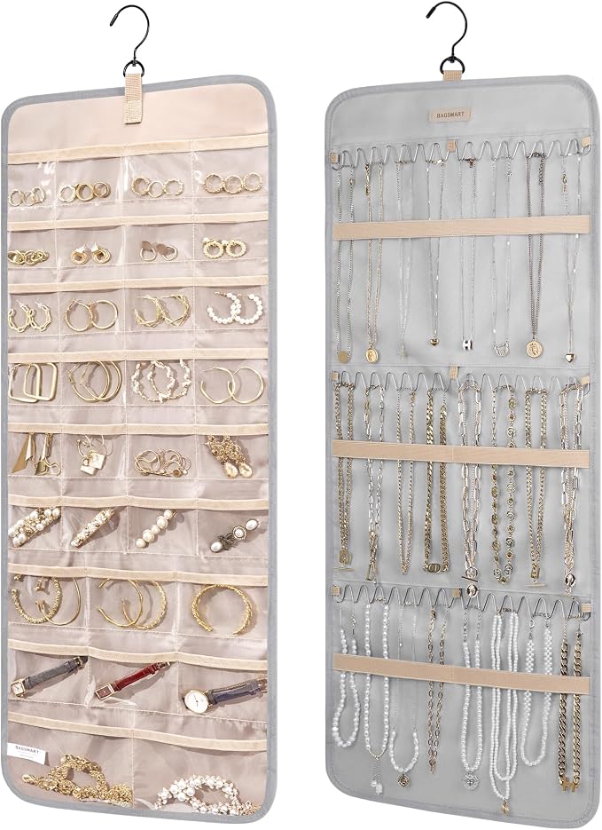 BAGSMART Hanging Jewelry Organizer Necklace/Earring/Ring 2-Sided L Grey | Jewelry Holder Organizer Storage with Hanger Metal Hooks Double-Sided Jewelry Holder on Closet, Wall, Door