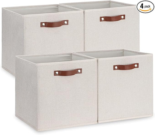 Temary Fabric Storage Cubes Storage Bins with Dual Leather Handles, 4 Pack Cube Baskets 13x13 Foldable Cube Organizers for Shelves, Home, Office, Nursery
