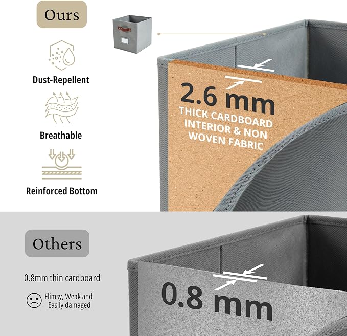 DECOMOMO Storage Bins, Cube Storage Bin with Labels | 10.5" x 11" Fabric Storage Cubes for Shelves (6pcs, Grey)