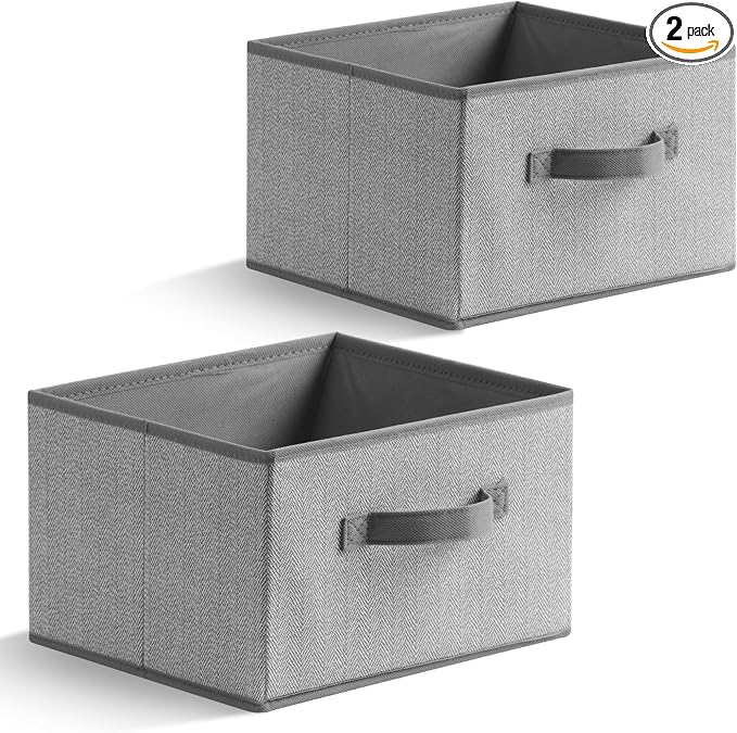 11 inch Storage Baskets, Woven Fabric Bins, Storage Cubes with Reinforced Handles, Organizer Bins for Closet Shelves, Foldable, for Clothes (Gray, 2PCS/11*11*7.8inch)