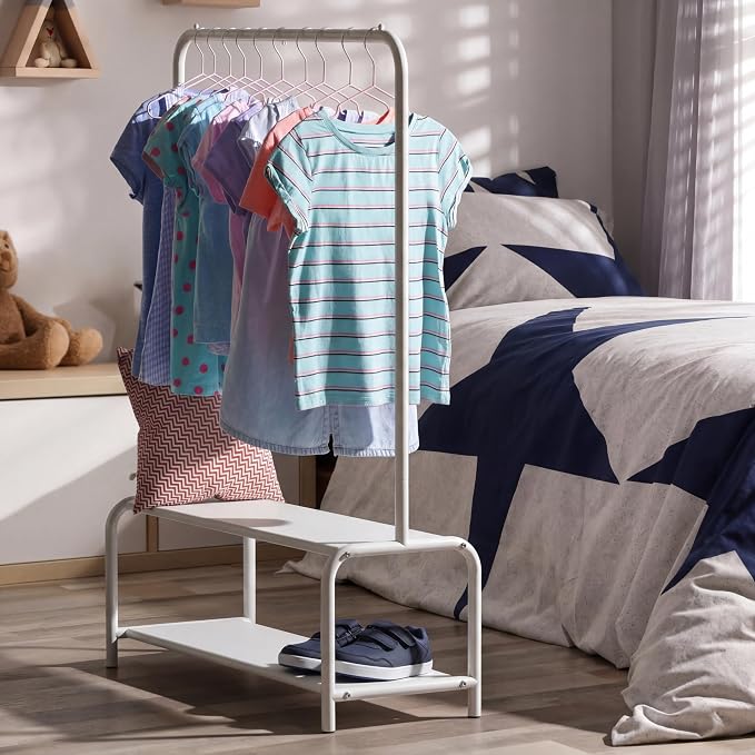 Simple Houseware Kids Freestanding Clothing Garment Rack with Shelf, White | With 600D Fabric Shelves & Hanger Stoppers