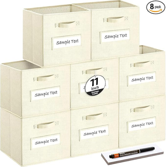 Fabric storage cubes (Set of 8) 11 Inch Cube Storage Bin, Cube storage with 8 Labels Window Cards & a Pen, Foldable cube organizer bins,11x11 Storage bin, Cubby Organizer Boxes, Beige