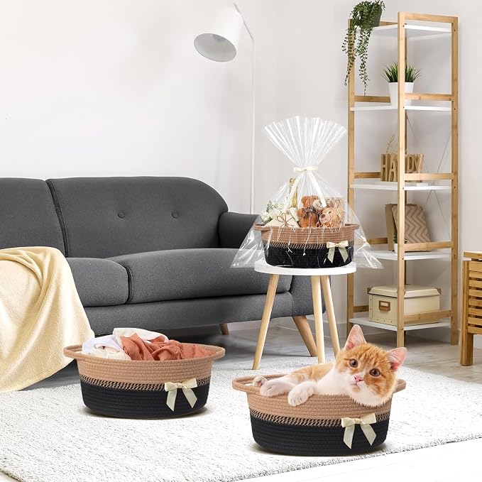 Colingmill 1 Set Woven Empty Basket for Gift,Black Brown | with Cellophane Wrap Set, 14 x 10 x 5.5 Inch, Medium Decorative Gift Basket, Cotton Rope Storage Box, Home Decor