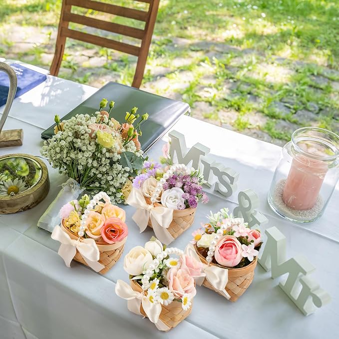 12 Pcs Mini Flower Girl Basket Mini Woven Baskets with Pearl Handles Wood Chip Flower Fruit Picnic Holder with RibbonCh ip Bucket for Wedding Party Gifts Baby Shower Birthday Party Decoration