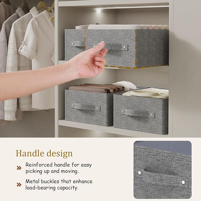 Collapsible Storage Baskets with Handles,Grey,16.1x9.8x6.4in,3 Pack | Storage Cubes with Rigid PP Panel,Organizer Boxes for Organizing,Washable Fabric Organization Bins for Frequent Access