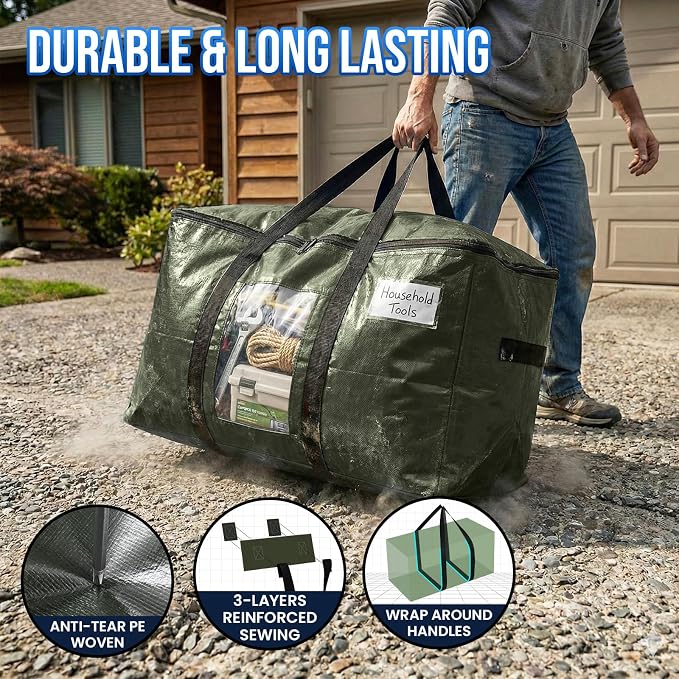 TAILI 10 Pack Green Extra Large Storage Bags, Heavy Duty Totes with Visible Window, Wrap Around Handles, Perfect for Moving