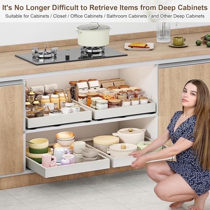 Pull out Cabinet Organizer,3 Sliding Rails,Width (11"-16"),Depth (13"-17") Expandable,No Drill Adjustable Slide out Drawers for Kitchen,Pantry, Adhesive Roll out Shelves,for Cabinets Without Lip,White