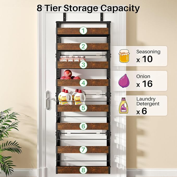 SNTD 8 Tiers Over the Door Organizer - Height Adjustable Pantry Organizers and Storage with Dense Mesh Baskets, Hanging Door Spice Rack for Kitchen Bathroom (Rustic Brown, 17" W x 6" D x 69" H)