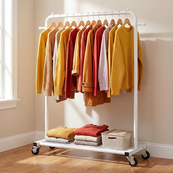 Sywhitta Metal Clothing Rack on Wheels with Mesh Shelf, for Clothes,White | Rolling Garment Rack for Hanging Clothes, Coats, Skirts, 39.76" L x 16" W x 63.78" H,Space-Saving Mobile Organizer for Closet