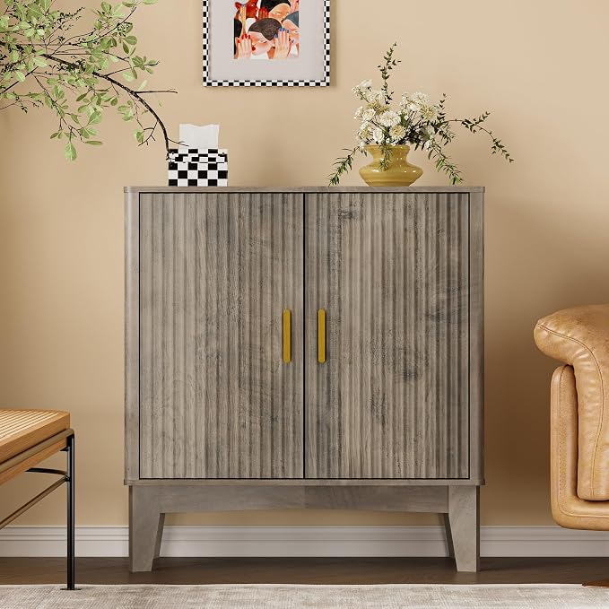 BORNOON Storage Cabinet with Doors and Adjustable Shelf, Modern Fluted Sideboard Buffet Cabinet, Freestanding Coffee Bar for Kitchen, Pantry, Entryway, Living Room (Weathered Gray)