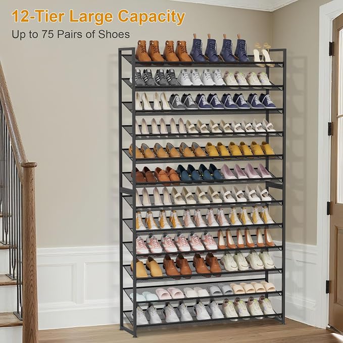 Large Shoe Rack 12 Tier Shoe Organizer, Heavy Duty Metal 6-Tier Stackable Shoe Storage Vertical Shoe Rack for Closet Front Door Entrance, Up to 75 Pairs, 44.8" W x 11.4" D x 85.1" H, Black