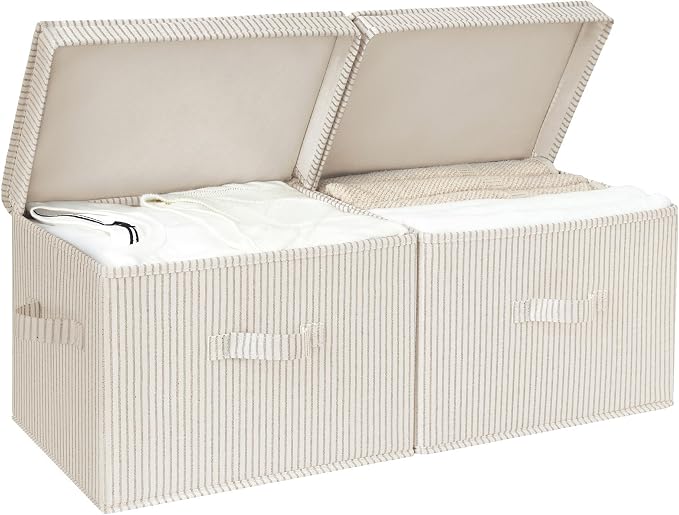 StorageWorks Fabric Storage Bins with Lid, Decorative Storage Boxes for Shelves, Stackable Closet Organizer Basket with Handles, Large, Khaki and Beige Stripes, 2-Pack