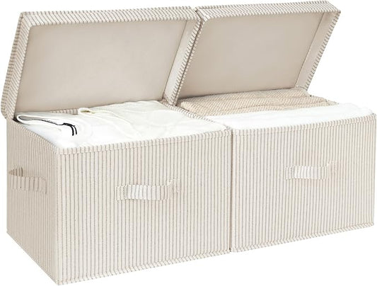 StorageWorks Fabric Storage Bins with Lid, Decorative Storage Boxes for Shelves, Stackable Closet Organizer Basket with Handles, Large, Khaki and Beige Stripes, 2-Pack