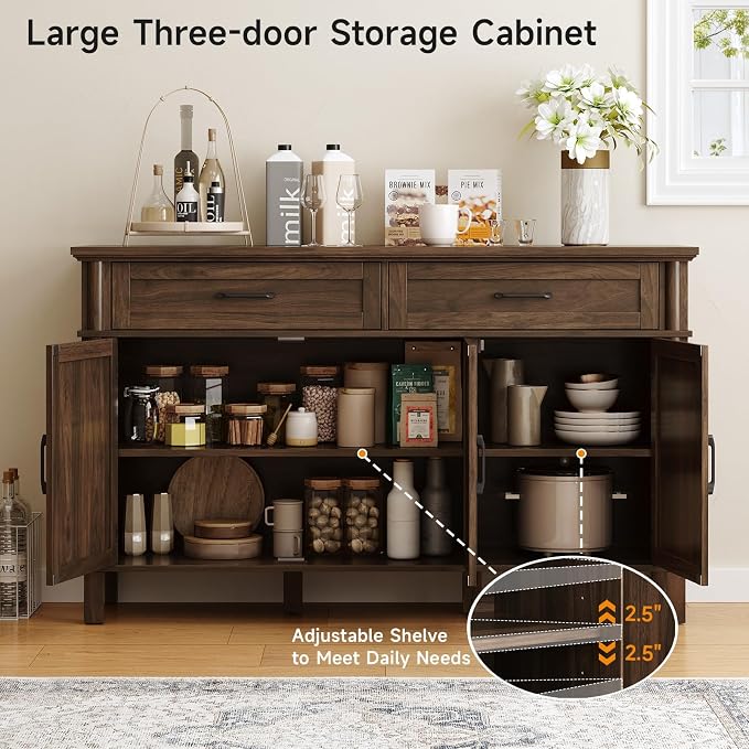 55 Inch Buffet Cabinet with Storage, Farmhouse Sideboard Buffet w/2 Drawers and 3 Doors, Wood Coffee Bar Cabinet with Adjustable Shelves, Sideboard Storage for Kitchen, Living Room, Walnut