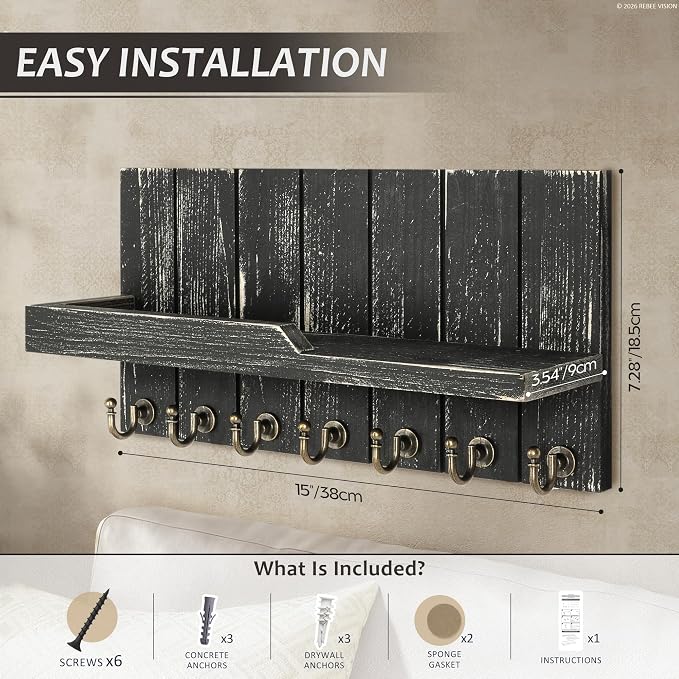Rebee Vision Rustic Key Holder Wall Mount for Home Decor, Old Black | Farmhouse Key Holder for Wall, Floating Shelf, Plant Display, 7 Key Hooks, Mail Organizer, Apartment Storage, Home Accent