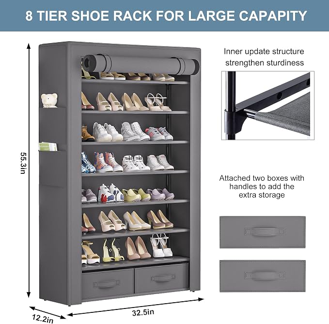 OYREL Dustproof Shoe Rack with Cover Two Bins 32 Pairs Storage Organizer | Closet Cabinet Large Free Standing Shoe Racks Vertical Shoe Shelf Tall Vertical Boot Holder Stand