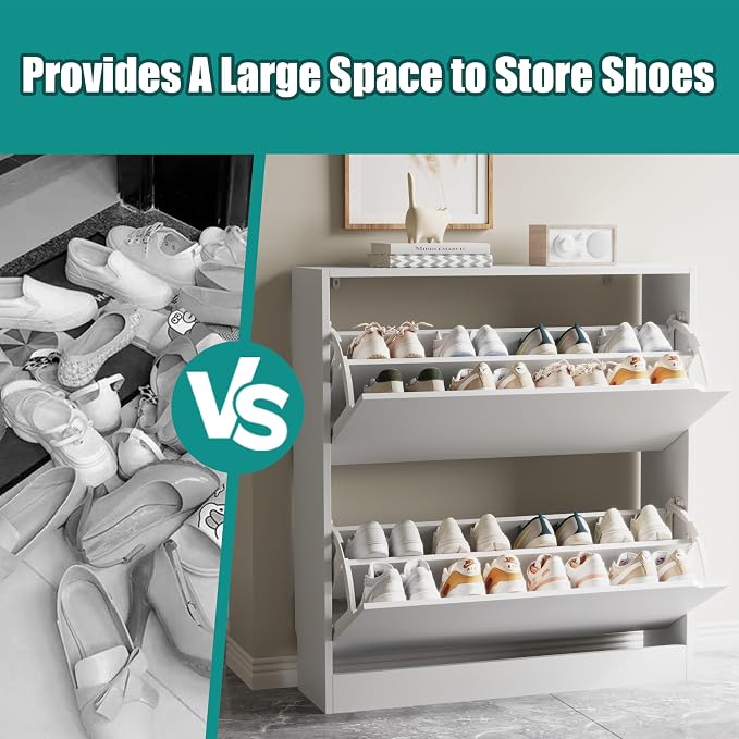 Xixini Shoe Storage Cabinet for Entryway with 2 Flip Drawers, Wood Freestanding Hidden Shoe Storage, Narrow Slim Sturdy Shoe Organizer for Front Door Entrance, Living Room, Hallway, Bedroom, White