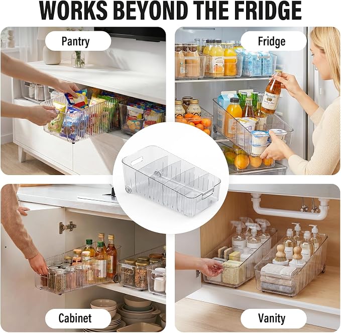 Pull Out Fridge Organizer Bins with Wheels, 8 Dividers, 2-Pack | Clear PET storage bins with handles, rear wheels and adjustable dividers for refrigerator, pantry and cabinet shelves