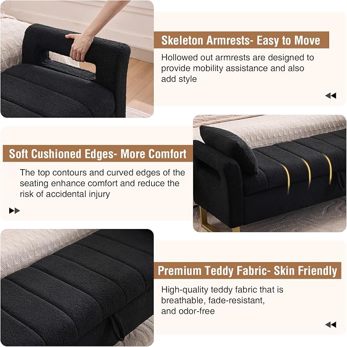 66" Storage Bench for Bedroom Upholstered End of Bed Bench King Size Black | Long Bedroom Benches for Foot of Bed King,Teddy Storage Bed Bench with Gold Legs,2 Pillows for Entryway Windows Cloakroom