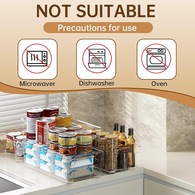 Clear Fridge Organizer, Refrigerator Organizer Bins with Handle, Freezer, Kitchen Cabinet, Pantry Organization, BPA Free Fridge Organizers (12.4 inch 8 Pack)