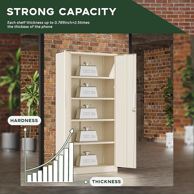 Greenvelly Metal Storage Cabinets, 72” Steel Garage Storage Cabinet with Doors and 4 Shelves, Metal Tool Cabinet, Steel Filing Cabinet for Home Office, Basement, Garage, School(Grey)