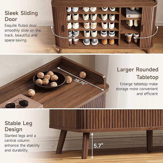 Shoe Cabinet with Sliding Door, 5-Tier Hidden Shoe Rack with Adjustable Shelves, Wooden Shoe Storage Organizer with Open Bottom Space, Freestanding Shoe Shelf for Entryway (Walnut)