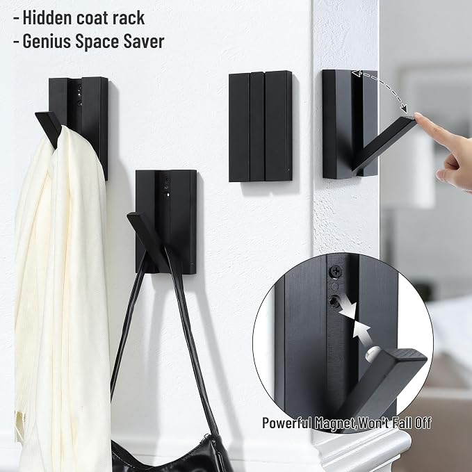 Wood Wall Hooks for Entryway: 2Pack Folding Black Modern Coat Hooks | Heavy Duty Hanger for Hanging Towels Backpack Bags Jacket - Space Saving Minimalist Design for Aesthetic Homeowners