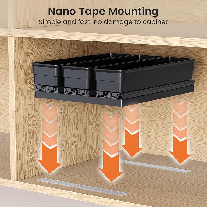 Mystozer Pull Out Spice Rack Organizer for Cabinet, Slide Out Spice Racks Organizer, Easy to Install Spice Cabinet Organizers, 8.5''Wx10.5''Dx8.3''H, 3 Drawers - 2 Tiers (Black)