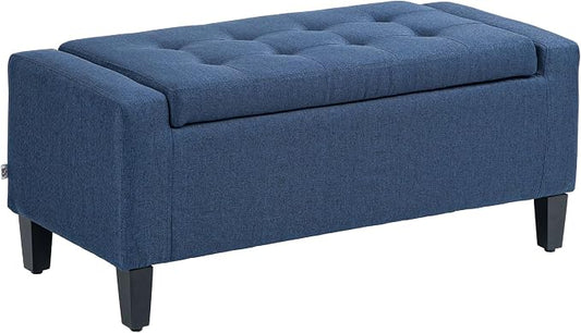HOMCOM 36" Ottoman with Storage, Lift Top Rubberwood Legs 330 lb Dark Blue | Storage Ottoman Bench, Linen Upholstered Entryway Seat, Living Room, Bedroom