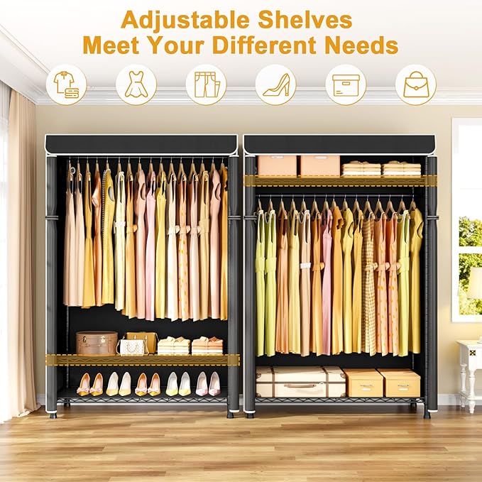 H5C Plus Clothes Rack with Cover, Covered Clothing Rack Heavy Duty | Garment Rack with Shelves, 3-Tier Portable Closets for Hanging Clothes, Max Load 370LBS, Black Closet Racks with Black Cover