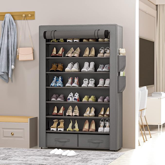 OYREL Dustproof Shoe Rack with Cover Two Bins 32 Pairs Storage Organizer | Closet Cabinet Large Free Standing Shoe Racks Vertical Shoe Shelf Tall Vertical Boot Holder Stand