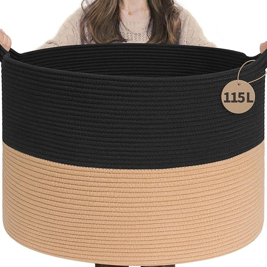 INDRESSME 115L Extra Large Woven Rope Blanket Basket Living Room BlackCamel | 23.6" x 15.7" Storage baskets for toys laundry & pillows. Fits living room, bedroom or nursery décor. Soft-touch with handles