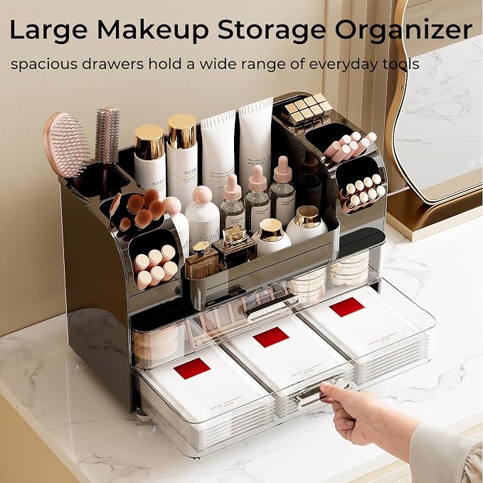 UFORU Makeup Organizer Countertop with 2 Large Drawers for Vanity Bathroom | Brush Holder, Large Capacity, Thickened Plastic, Compact Footprint, Space-Saving Design, Easy Clean, Ideal for Dorm Rooms