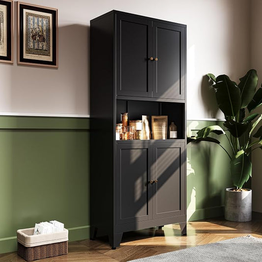 69" H Kitchen Pantry Cabinet with Countertop,Kitchen Hutch Cabinet with Storage,Black Metal Storage Cabinet,Microwave Cabinet,