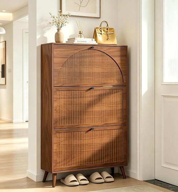 Fsbecl Shoe Storage Cabinet for Entryway with 3 Fluted Flip Drawers, Walnut | Narrow Design, Freestanding Shoe Rack with Adjustment Shelves, Wooden Hidden Organizer for Hallway Foyer, 18-24 Pairs