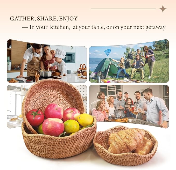 10" Medium Rattan Wicker Bread Basket, Fruit Basket for Kitchen Counter | Artisanal Natural Food Baskets, Well-Made Sturdy Bread Baskets for Serving, Versatile for Fruit, Veggies, Snack & More (Wave)
