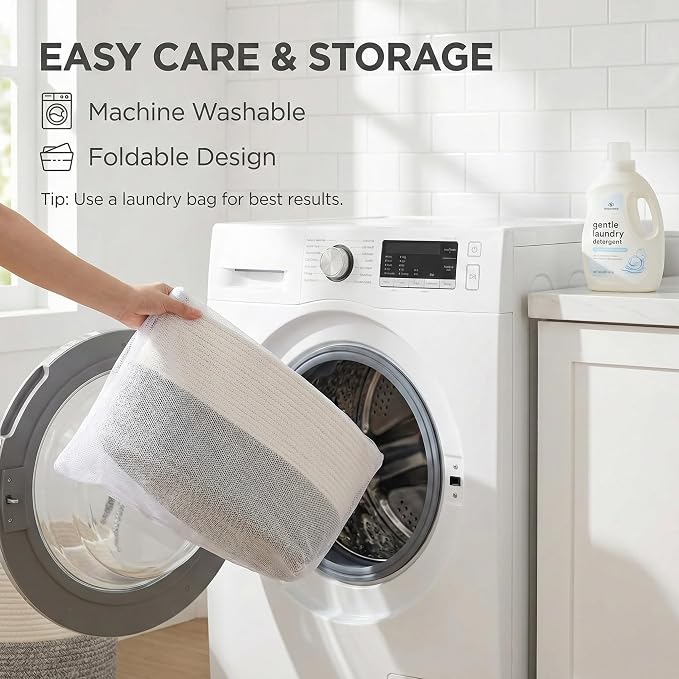 JMvicyroam 115L Extra Large Machine Washable Cotton Rope Blanket Basket | Collapsible laundry hamper, Reinforced handles, For blankets, pillows, toys and clothes, Living room and bedroom, White&Grey